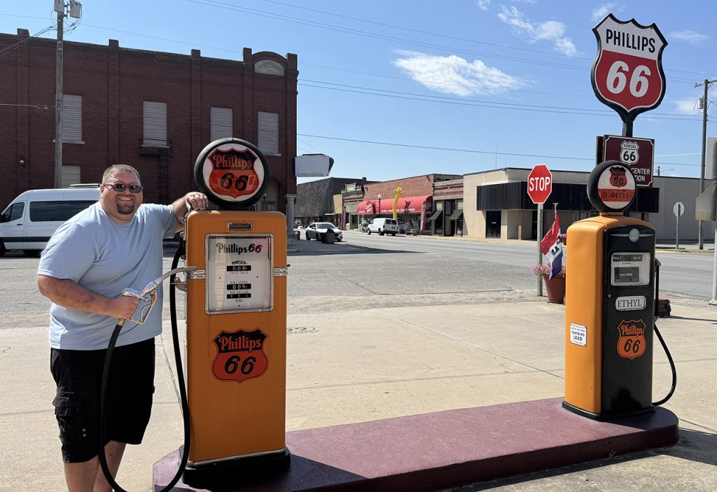 Craig at pumps at Route 66 Visitors Center Baxter Springs 13 Miles of Route 66 in Kansas